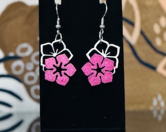 Tropical Floral earrings, lightweight burgundy and silver wood flower earrings