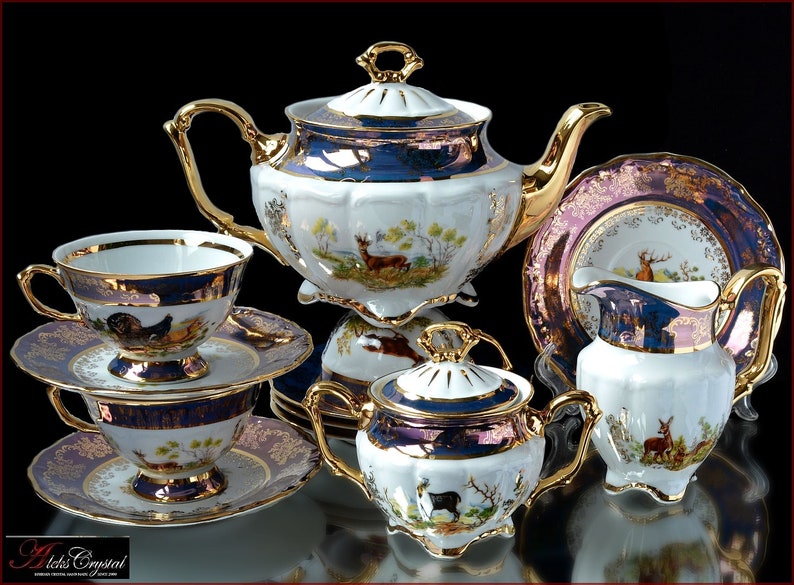 Czech porcelain tea set Royal Hunt Blue 15pc Etsy