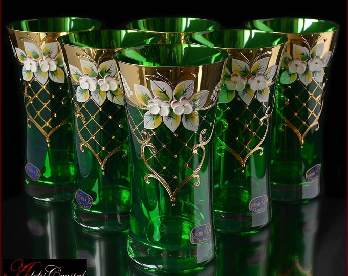 Bohemian Glass Water Glasses Izabella Green 6 Pc New Etsy