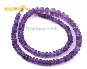 AAA Natural Purple Amethyst Gemstone Necklace,Amethyst Beaded Necklace, Amethyst Faceted Rondelle Beads Necklace 16.5inch 5-10mm Jewelry