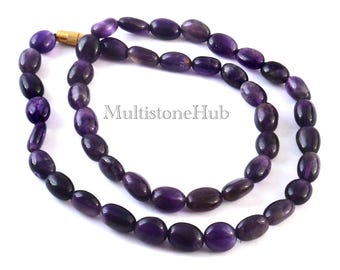 AAA Natural Purple Amethyst Gemstone Necklace,Amethyst Beaded Necklace, Amethyst Smooth Oval Beads Necklace 18 inches gifted jewelry