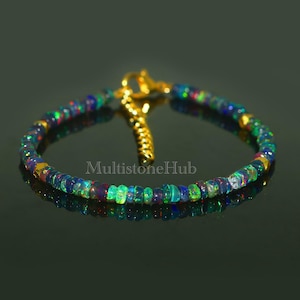Natuurlijke zwarte opaal armband, armband Ethiopische opaal kralen, armband vuuropaal, Welo zwarte opaal gladde rondelle kralen, opaal armband, 7 inch