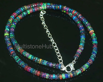 Natuurlijke zwarte opaalketting, Ethiopische opaalkralenketting, vuuropaalketting, Welo zwarte opaal gladde rondelle kralen opaalketting 16 inch