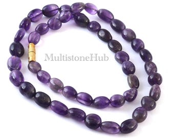 AAA Natural Purple Amethyst Gemstone Necklace,Amethyst Beaded Necklace, Amethyst Smooth Oval Beads Necklace 18 inches gifted jewelry