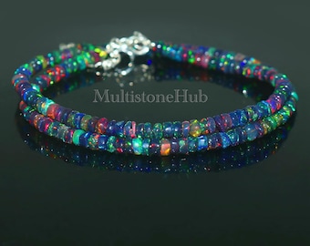 Natuurlijke zwarte opaalketting, zwarte opaal gladde rondelle kralenketting, Ethiopische zwarte opaalkralenketting, zwarte vuuropaalketting, 16 inch