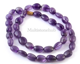 AAA Natural Purple Amethyst Gemstone Necklace,Amethyst Beaded Necklace, Amethyst Smooth Oval Beads Necklace 18 inches gifted jewelry