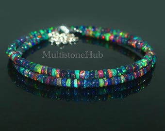 Natuurlijke zwarte opaalketting, zwarte opaal gladde rondelle kralenketting, Ethiopische zwarte opaalkralenketting, zwarte vuuropaalketting, 16 inch