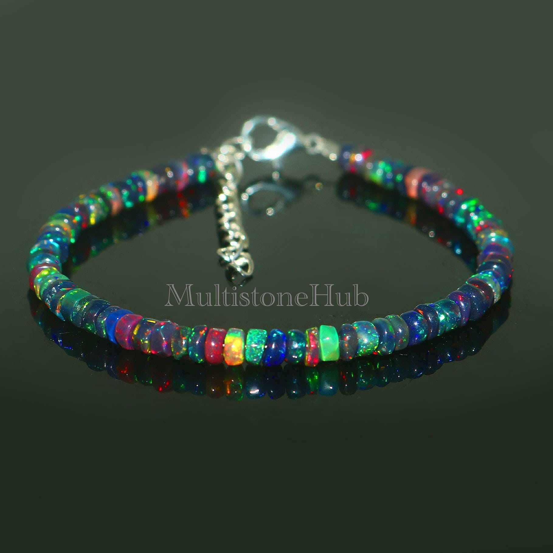 エチオピア産ブラックオパールブレスレット、天然ロンデルビーズ