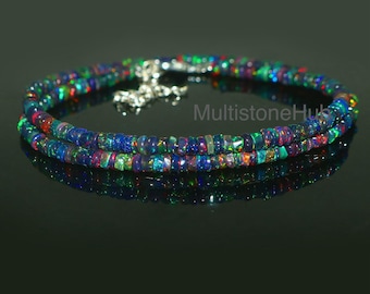 Natuurlijke zwarte opaalketting, Ethiopische opaalkralenketting, vuuropaalketting, Welo zwarte opaal gladde rondelle kralen opaalketting 16 inch