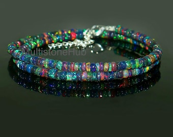 Natuurlijke zwarte opaalketting, zwarte opaal gladde rondelle kralenketting, Ethiopische zwarte opaalkralenketting, zwarte vuuropaalketting, 16 inch