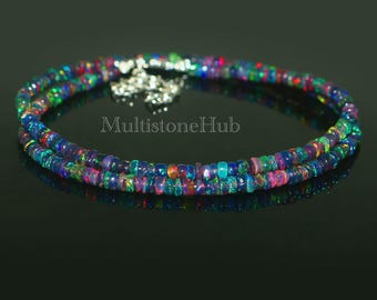 Natuurlijke zwarte opaalketting, zwarte opaal gladde rondelle kralenketting, Ethiopische zwarte opaalkralenketting, zwarte vuuropaalketting, 16 inch