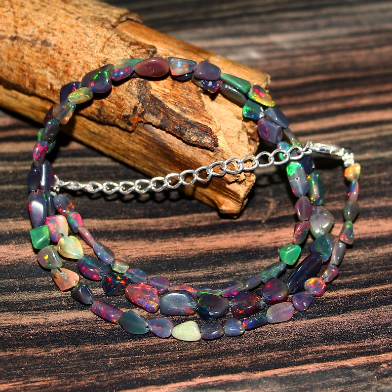 AAA++ Multi Colour Fire Opal Tumble Quality Black Opal #D3 17.5 Inches Natural Ethiopian Black Opal Gemstone Tumble Beads Necklace