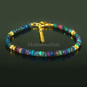 Natuurlijke zwarte opaal armband, armband Ethiopische opaal kralen, armband vuuropaal, Welo zwarte opaal gladde rondelle kralen, opaal armband, 7 inch