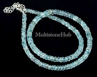 AAA Natural Aquamarine Beads Necklace, Aquamarine Beaded Necklace, Aquamarine Jewelry Aquamarine Faceted Rondelle Beads Necklace 16 Inches