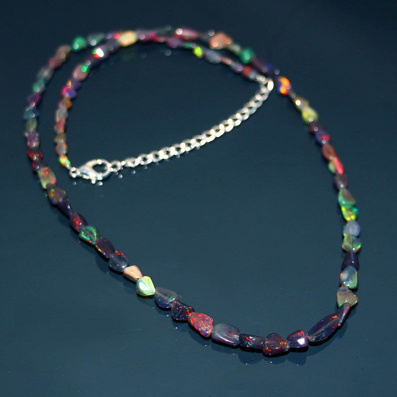 AAA++ Multi Colour Fire Opal Tumble Quality Black Opal #D3 17.5 Inches Natural Ethiopian Black Opal Gemstone Tumble Beads Necklace
