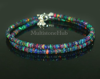 Natuurlijke zwarte opaalketting, zwarte opaal gladde rondelle kralenketting, Ethiopische zwarte opaalkralenketting, zwarte vuuropaalketting, 16 inch