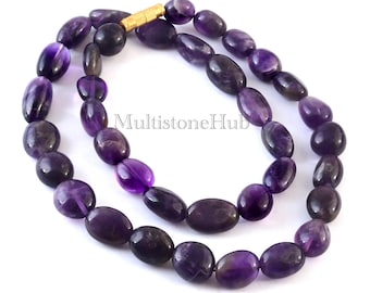 AAA Natural Purple Amethyst Gemstone Necklace,Amethyst Beaded Necklace, Amethyst Smooth Oval Beads Necklace 18 inches gifted jewelry