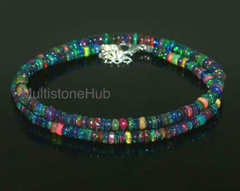 Natuurlijke zwarte opaalketting, Ethiopische opaalkralenketting, vuuropaalketting, Welo zwarte opaal gladde rondelle kralen opaalketting 16 inch