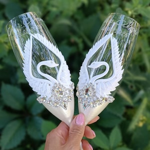 Pearl Wedding Flutes and Cake Serving Set with White Swans, Plate & Forks, Unity Candles