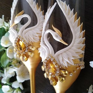 Gold Wedding Flutes & Cake Server Set with White Cranes, Unity Candle, Plate and Forks