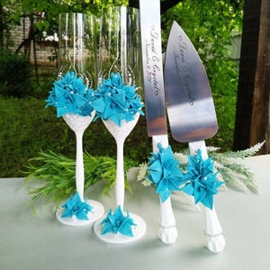 Wedding Toast Glasses and Cake Cutting Set with Blue Flowers, Plate & Forks, Unity Candle