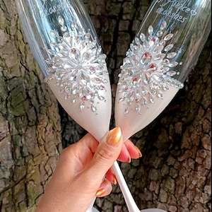 Personalized Wedding Flutes & Cake Server Set with Crystals, Unity Candle, Plate and Forks