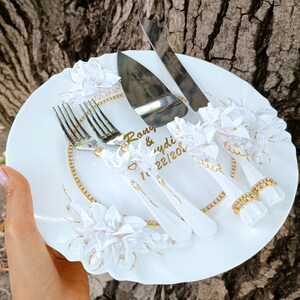 Personalized Wedding Flutes & Cake Cutting Set with White Flowers, Plate, Forks, Unity Candle