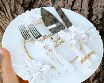 Wedding Flutes and Cake Cutting Sets with White Flowers Personalized Cake Server and Knife Crystals Unity Candle Set Silver Plate and Forks