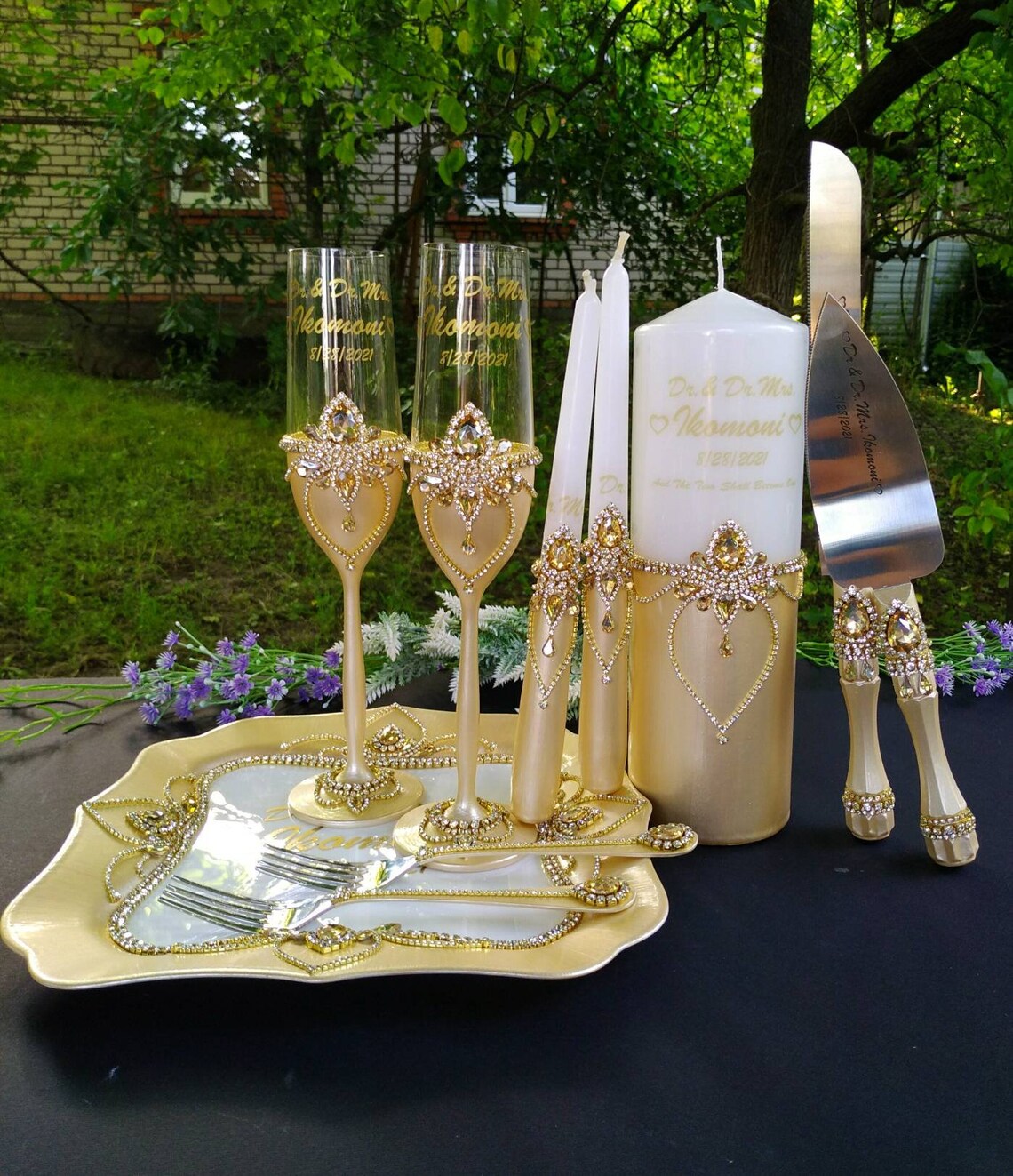 Flutes and Cake Server Set With Crystals Gold Wedding Unity Etsy