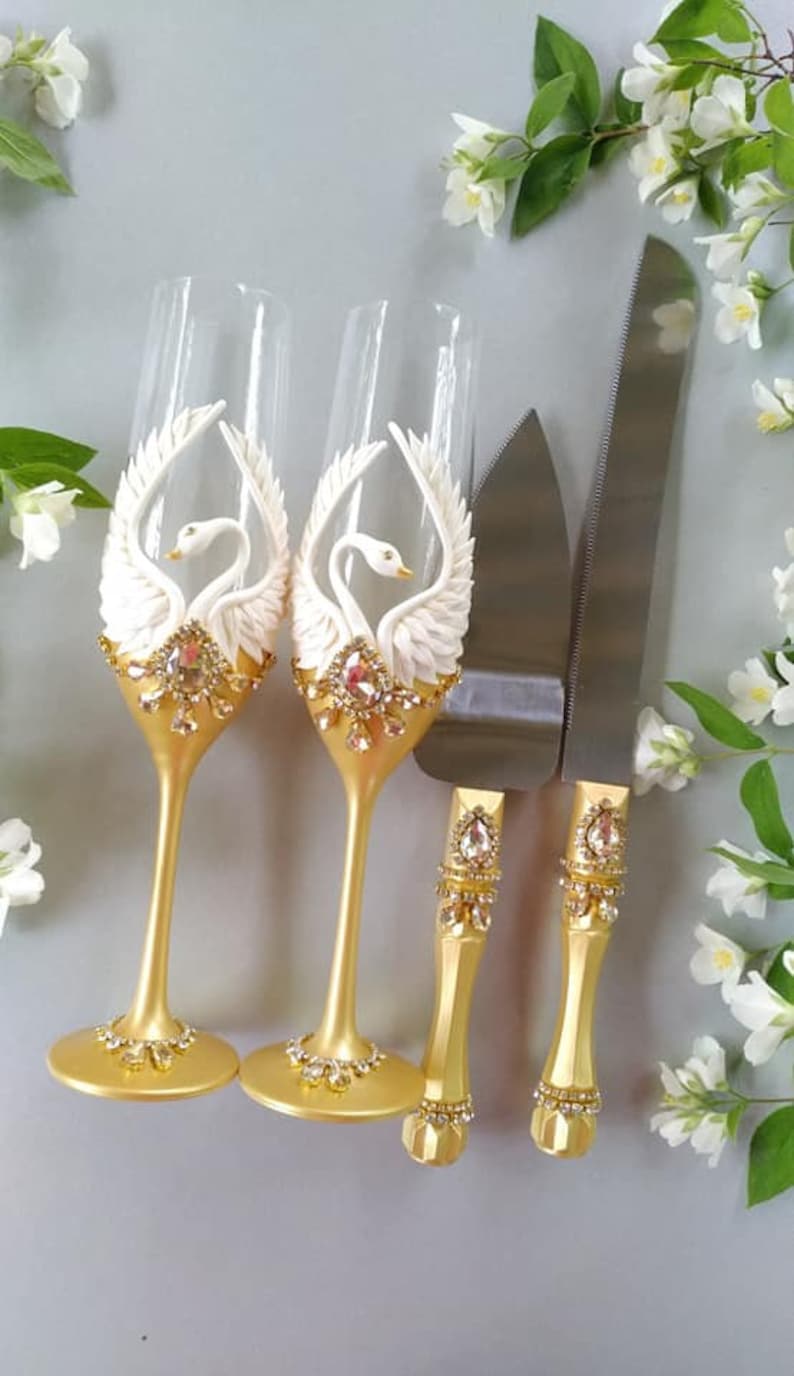 Gold Wedding Flutes and Cake Server Set Ivory Champagne Etsy