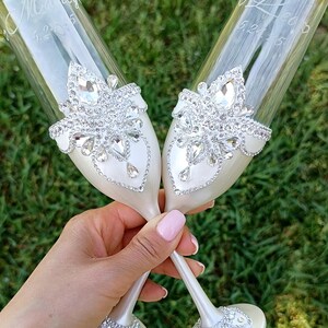 Personalised Crystal Embellished Wedding Set: Toasting Flutes, Cake Serving Set, Plate, Forks, Unity Candles. Luxury Gift