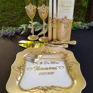 Gold Wedding Flutes & Cake Cutting Set with Crystals, Unity Candle Set, Plate and Forks
