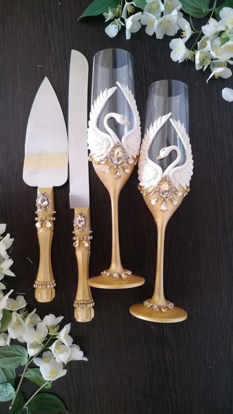 Wedding Flutes and Cake Server Knife Set Gold and White Etsy