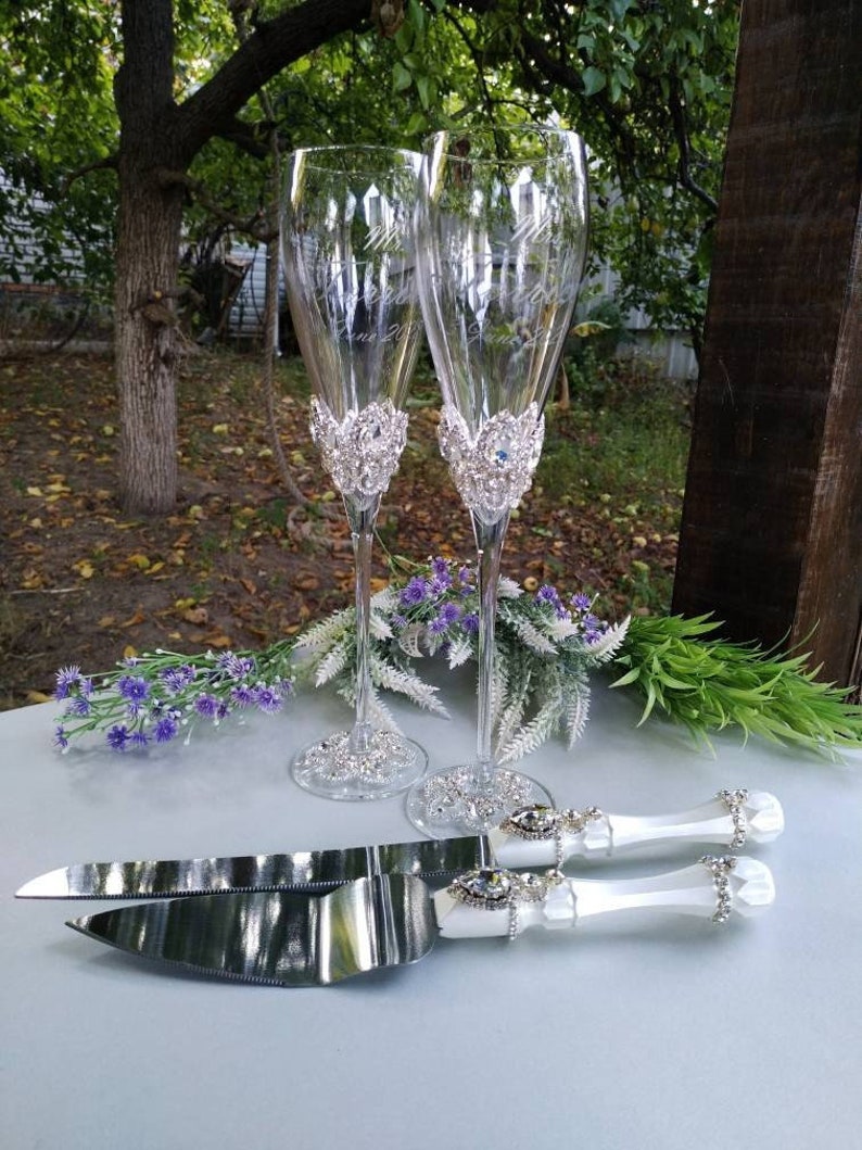 Wedding Flutes and Cake Server Sets Engraved White Champagne Etsy