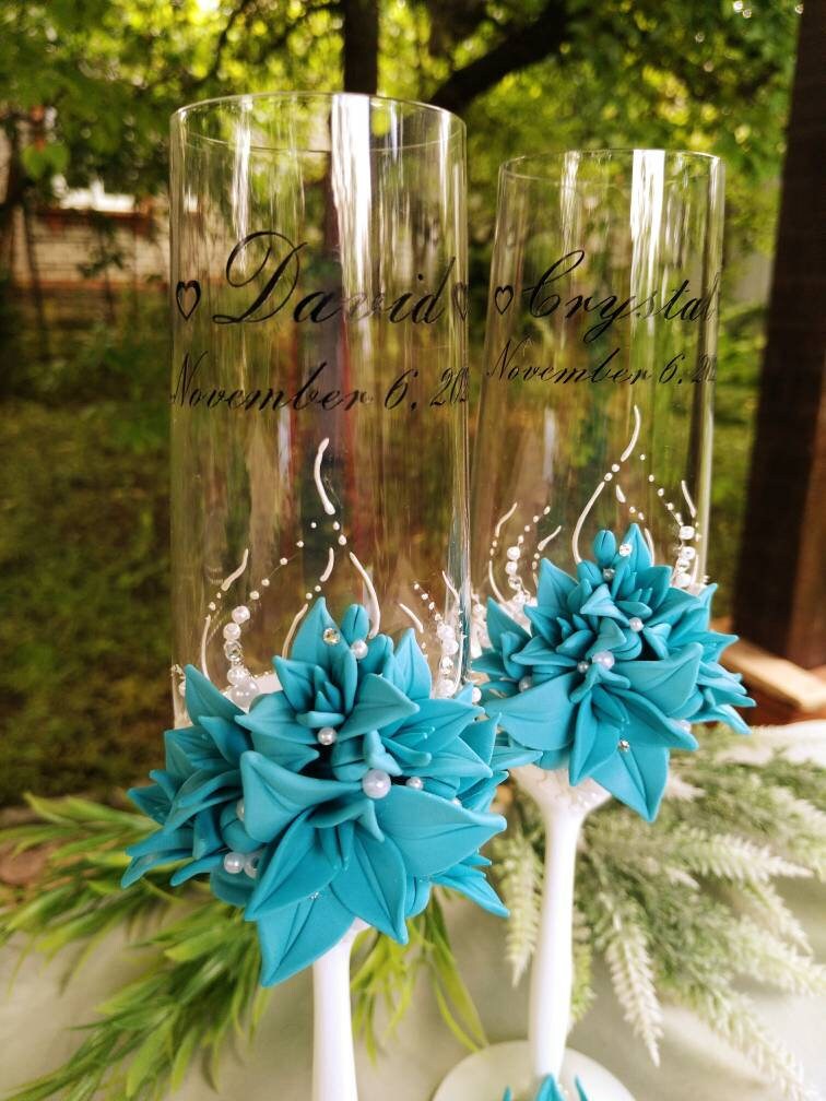 Blue Flutes and Cake Cutting Set White Wedding Engraved Etsy