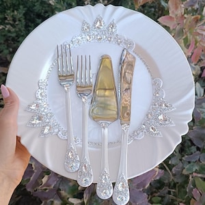 Wedding Flutes and Cake Server Sets Engraved White Champagne Glasses Unity Candle Set Silver Plate and Forks Personalized Cake Cutting Set