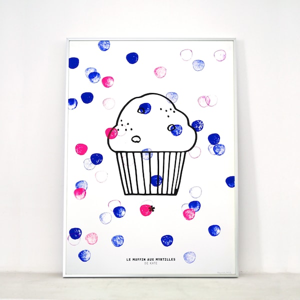 Affiche Le muffin aux myrtilles, sérigraphie d'art 50x70 cm, édition limitée, kitchen decor