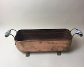 A Stunning Vintage Copper and Porcelain Planter Pot Indoor Outdoor with Brass Feet, Made in France