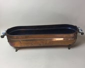 A Lovely Vintage Copper and Porcelain Planter Pot Indoor Outdoor, with Brass Feet, Made in France