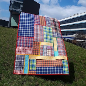 Inspiring Modern quilt for sale Contemporary colorful checkered plaid for boy Original Art quilt Handmade Blue Red blanket Single bed cover image 3