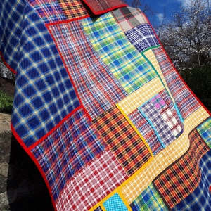 Inspiring Modern quilt for sale Contemporary colorful checkered plaid for boy Original Art quilt Handmade Blue Red blanket Single bed cover image 1