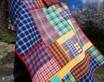 Inspiring Modern quilt for sale Contemporary colorful checkered plaid for boy Original Art quilt Handmade Blue Red blanket Single bed cover