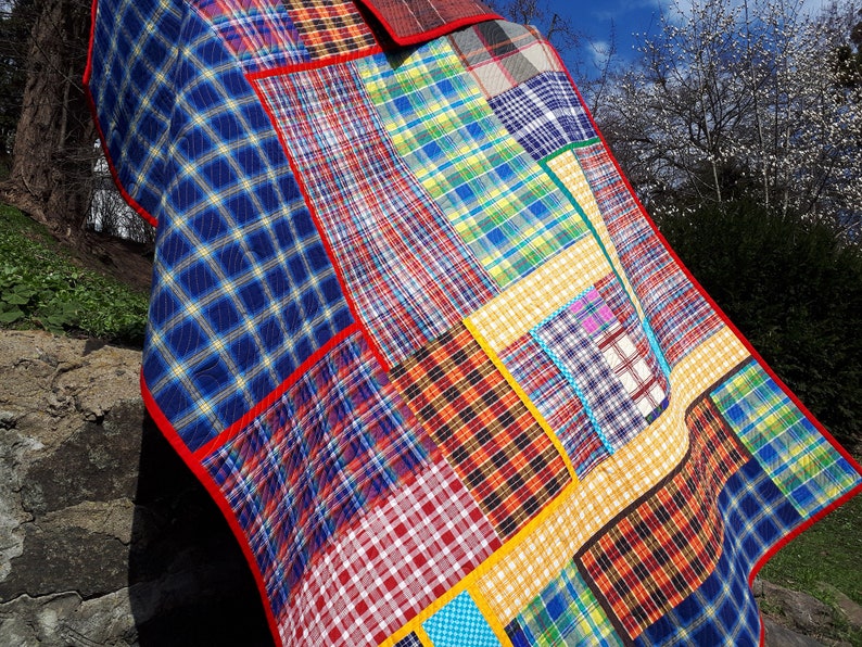 Inspiring Modern quilt for sale Contemporary colorful checkered plaid for boy Original Art quilt Handmade Blue Red blanket Single bed cover image 1