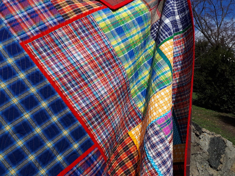 Inspiring Modern quilt for sale Contemporary colorful checkered plaid for boy Original Art quilt Handmade Blue Red blanket Single bed cover image 9