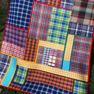 Inspiring Modern quilt for sale Contemporary colorful checkered plaid for boy Original Art quilt Handmade Blue Red blanket Single bed cover image 6