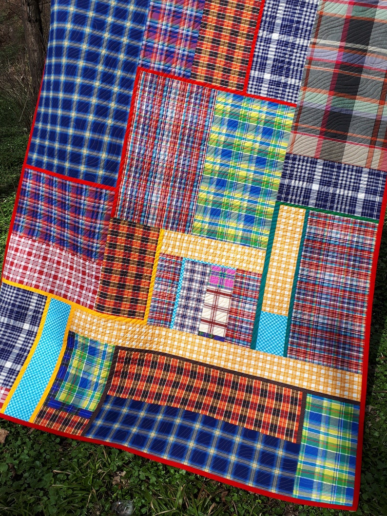 Inspiring Modern quilt for sale Contemporary colorful checkered plaid for boy Original Art quilt Handmade Blue Red blanket Single bed cover image 6