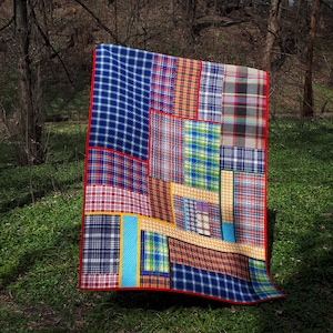 Inspiring Modern quilt for sale Contemporary colorful checkered plaid for boy Original Art quilt Handmade Blue Red blanket Single bed cover image 5
