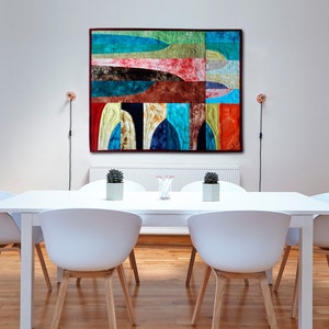 Contemporary quilt for sale Modern Quilted wall hanging decor Bright hand-dyed cotton Abstract fiber art graphic avant garde patchwork quilt