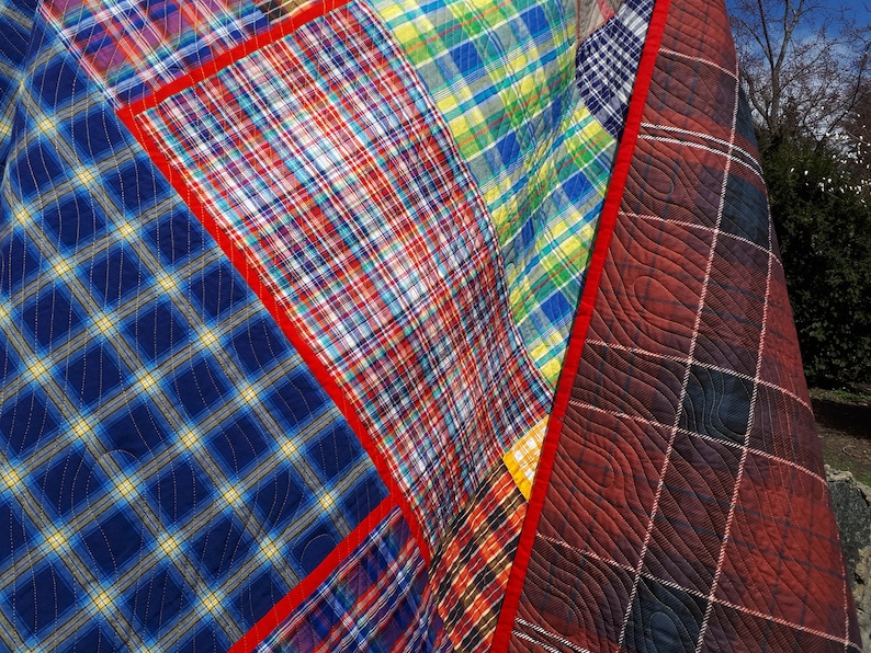 Inspiring Modern quilt for sale Contemporary colorful checkered plaid for boy Original Art quilt Handmade Blue Red blanket Single bed cover image 8