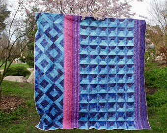 King size 93x95 inch quilt for sale Shining asymmetric blue patchwork bedspread Cotton fabric blanket big Modern art quilt